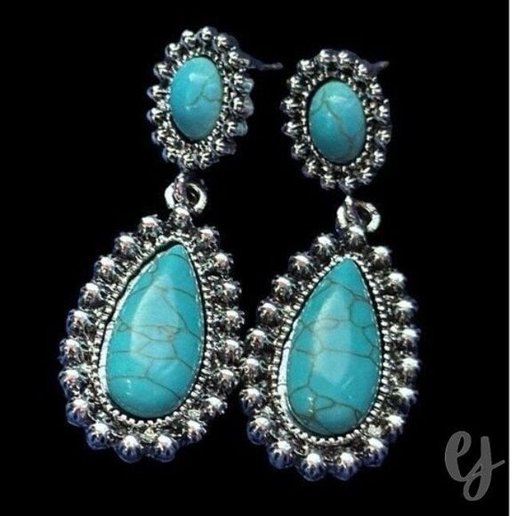 Faux Turquoise Teardrop Earrings – 1.75” Drop – Oxidized + Polished Silver Tone - Picture 1 of 9